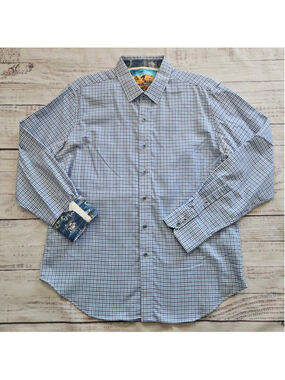 Robert Graham Blue White Micro Plaid Long Sleeve Flip Cuff Dress Shirt Large
